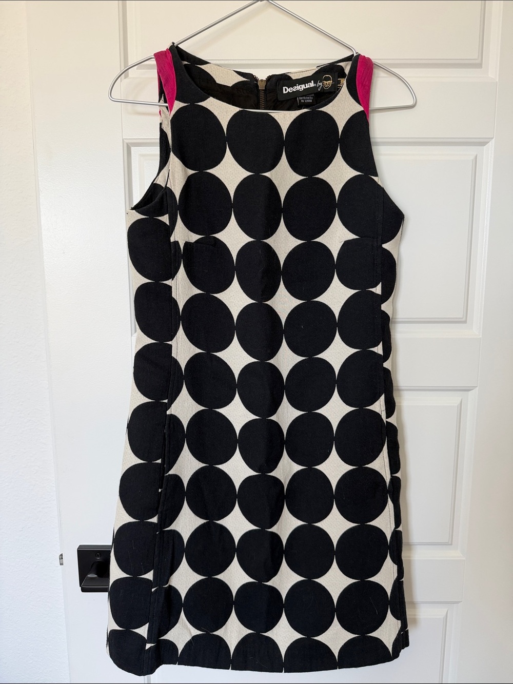 Desigual Black & Cream Polka Dot Sleeveless Shift Dress with Pink Accents, Eu 38